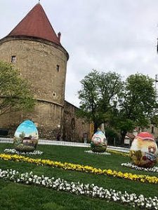 decorative easter eggs in front of croatian castle