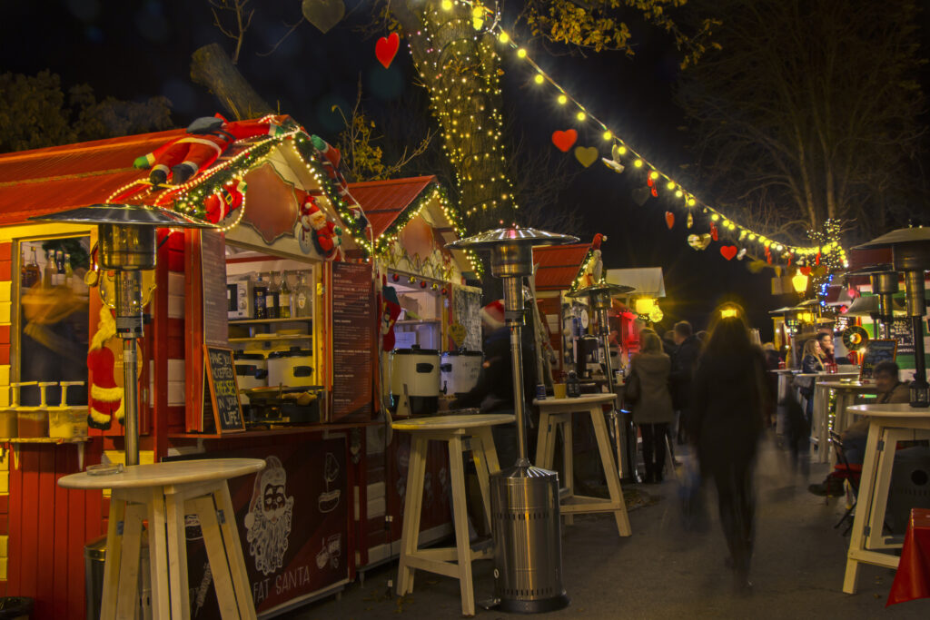 Croatian Christmas markets with stalls lined up selling festive winter treats