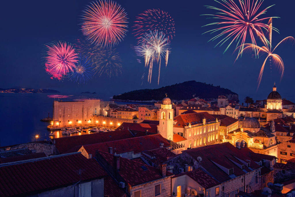 best months to visit Croatia - fireworks over Dubrovnik Old Town for summer festivals