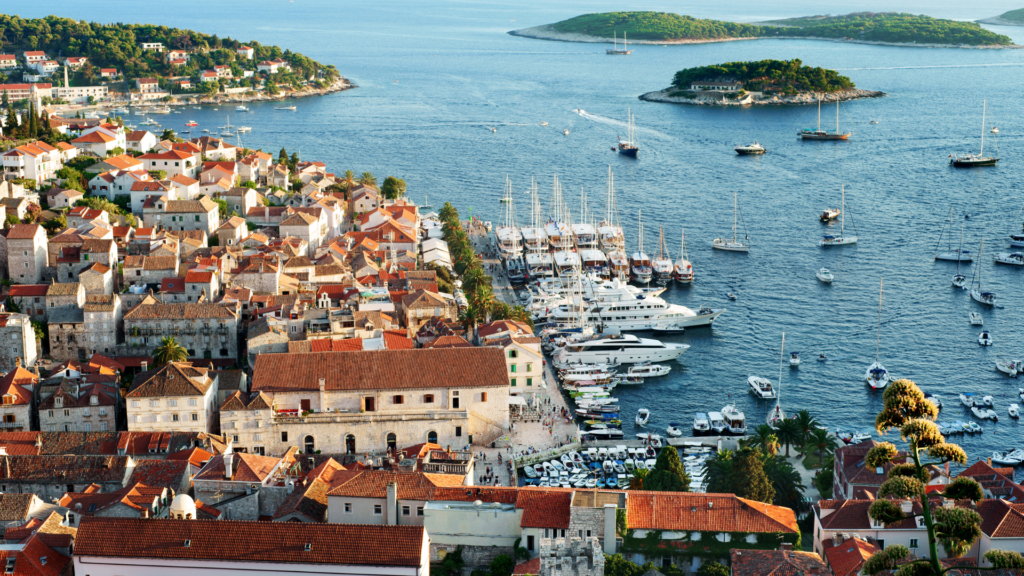 Aerial view of the harbor, where celebrities in Hvar are frequently seen 