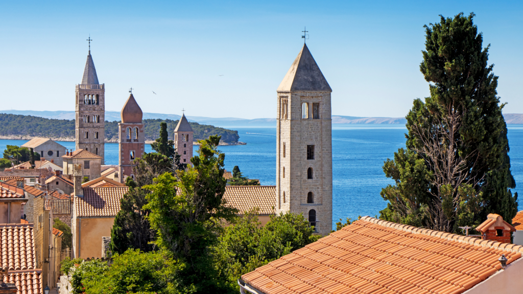 Iconic four bell towers in Rab, one of the best beach towns in Croatia 