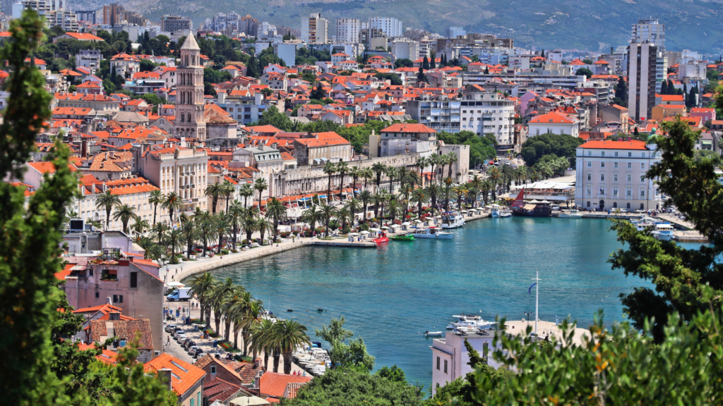 The Riva in Split, with palm-lined walkway in front of the Adriatic Sea on a family trip to Croatia