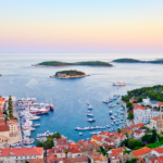 Aerial view of Hvar's harbor at sunset