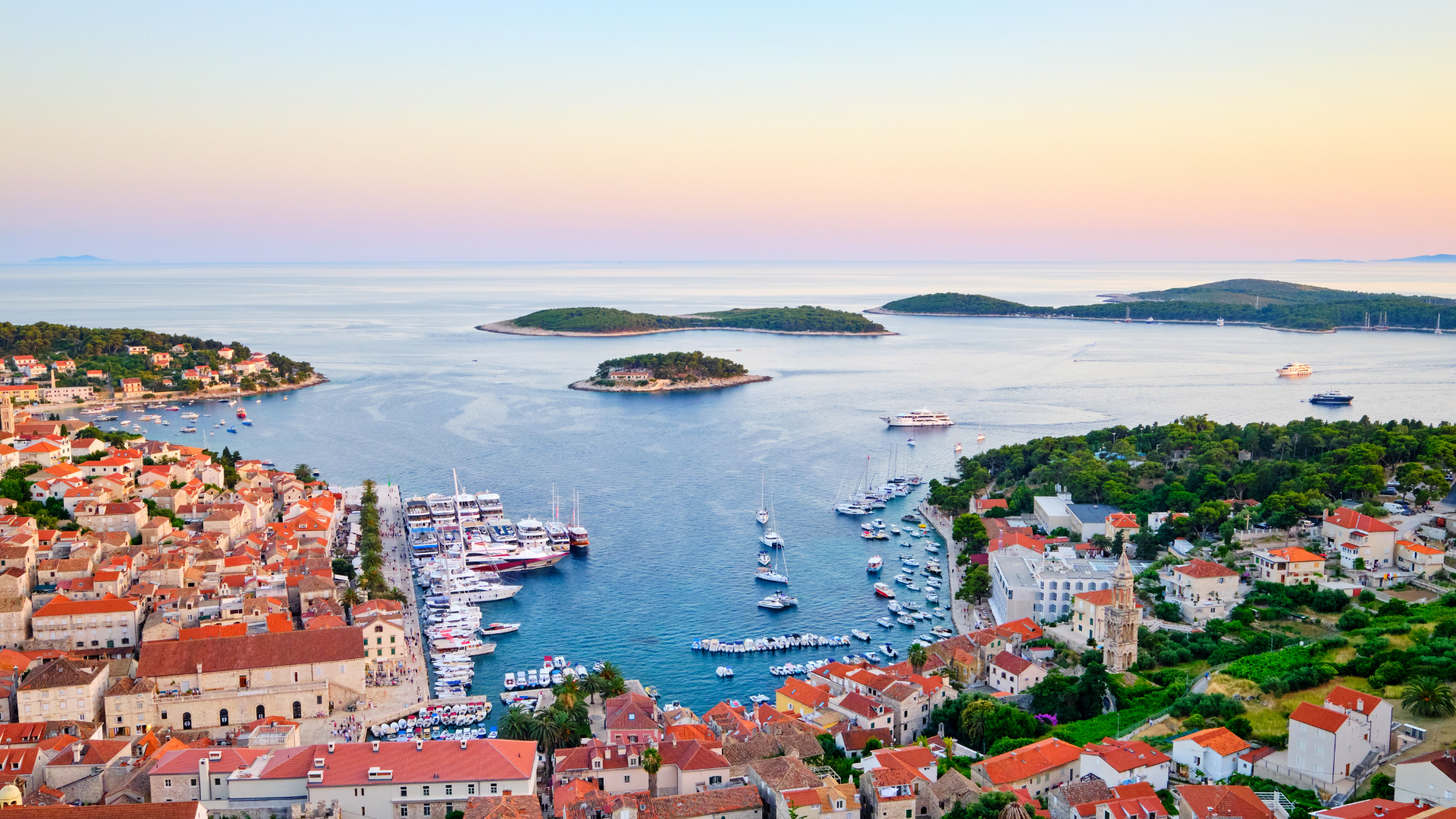 Aerial view of Hvar's harbor at sunset