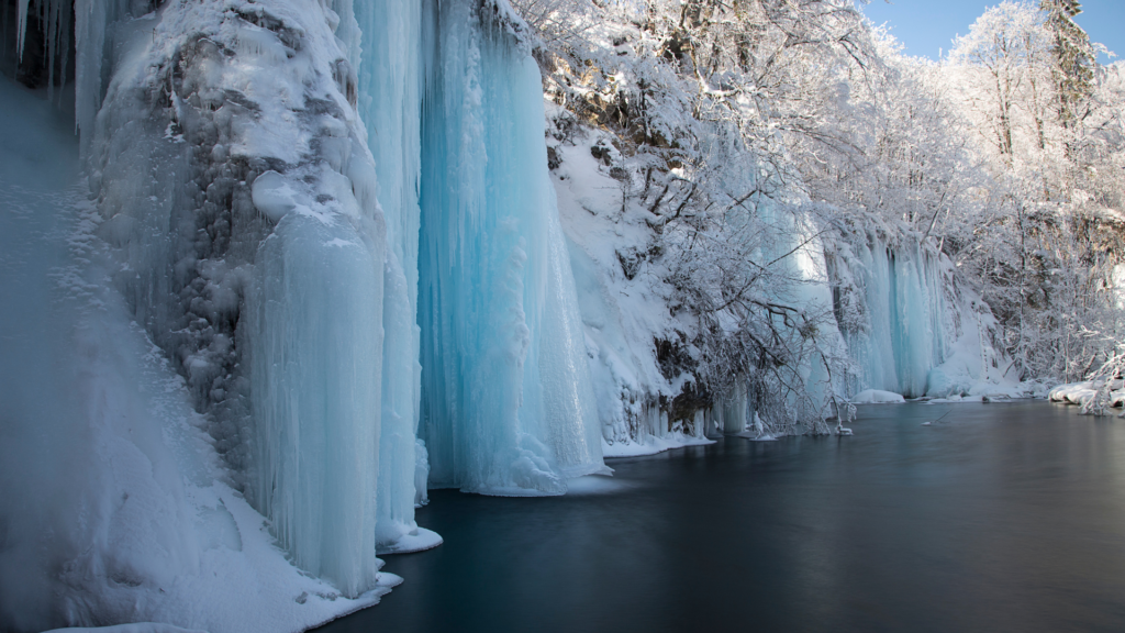 Winter in Croatia with frozen waterfalls