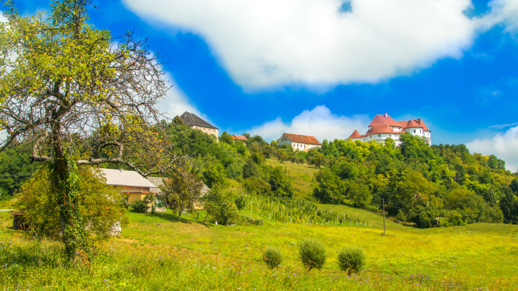 Rural countryside with Veliki Tabor Castle peeking out of the top in Central Croatia